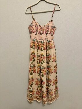 Floral Smocked Spaghetti-Strap Dress in Cream and Pink